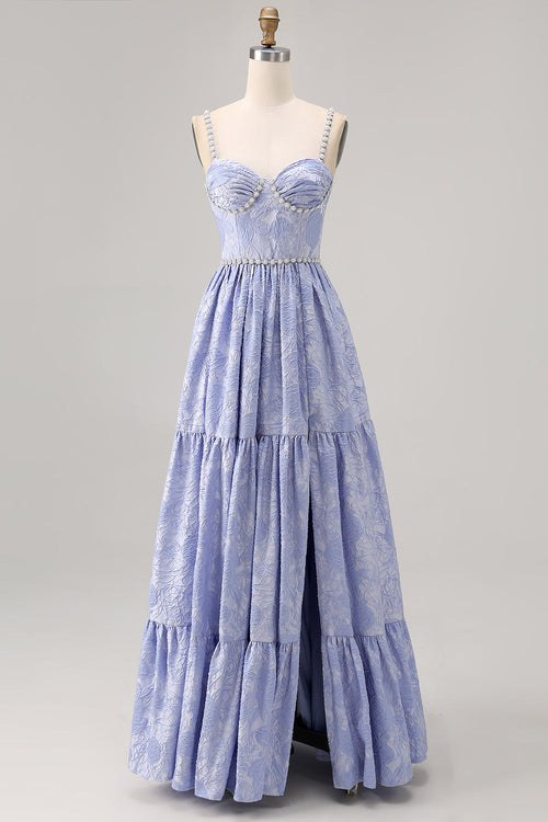 Sparkly Blue Jacquard Floral Long Bridesmaid Dress with Slit