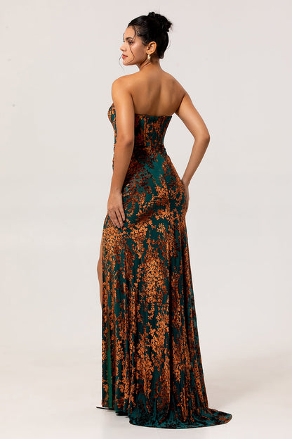 Peacock Green Strapless Corset Long Velvet Bridesmaid Dress with Slit