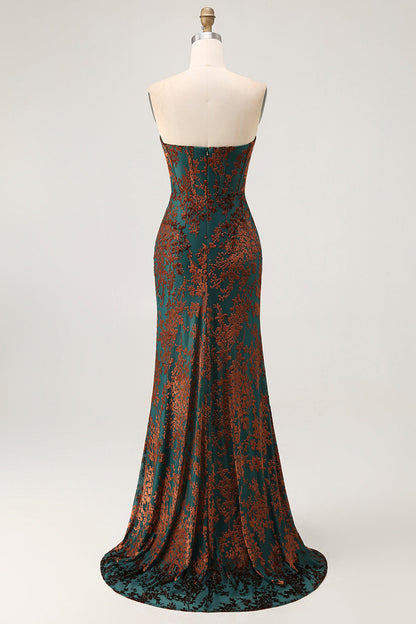 Peacock Green Strapless Corset Long Velvet Bridesmaid Dress with Slit