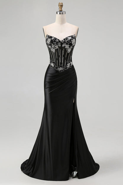 Plus Size Sparkly Black Mermaid Beaded Long Corset Prom Dress with Slit
