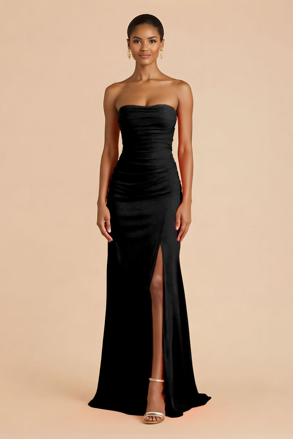Orange Sheath Chiffon Ruched Strapless Long Bridesmaid Dress with Slit