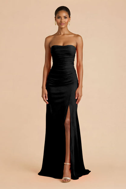 Orange Sheath Chiffon Ruched Strapless Long Bridesmaid Dress with Slit