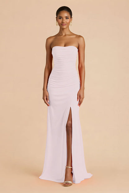 Orange Sheath Chiffon Ruched Strapless Long Bridesmaid Dress with Slit