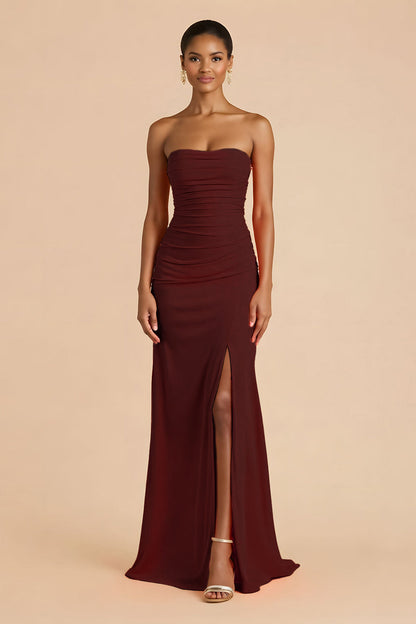 Orange Sheath Chiffon Ruched Strapless Long Bridesmaid Dress with Slit