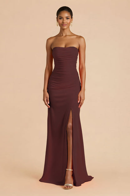 Orange Sheath Chiffon Ruched Strapless Long Bridesmaid Dress with Slit
