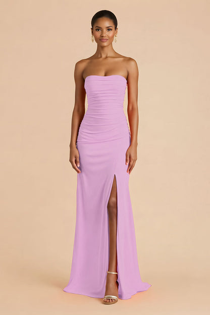 Orange Sheath Chiffon Ruched Strapless Long Bridesmaid Dress with Slit