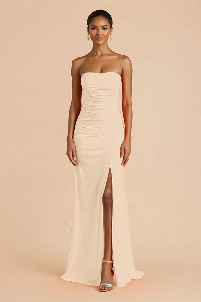 Orange Sheath Chiffon Ruched Strapless Long Bridesmaid Dress with Slit