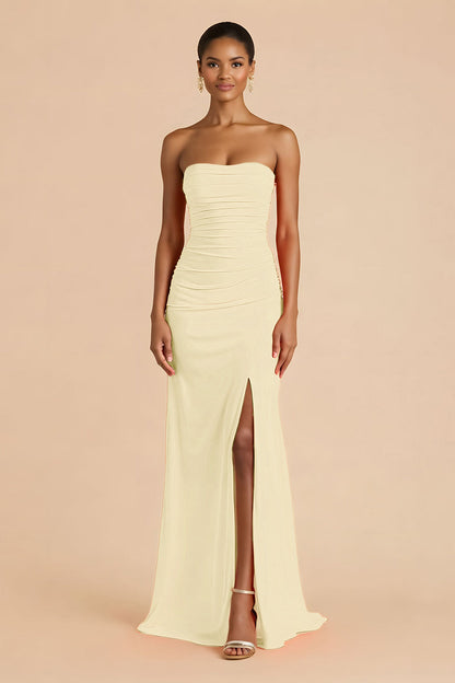 Orange Sheath Chiffon Ruched Strapless Long Bridesmaid Dress with Slit