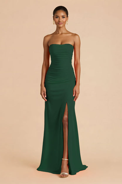 Orange Sheath Chiffon Ruched Strapless Long Bridesmaid Dress with Slit