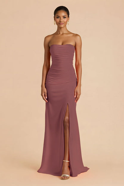 Orange Sheath Chiffon Ruched Strapless Long Bridesmaid Dress with Slit