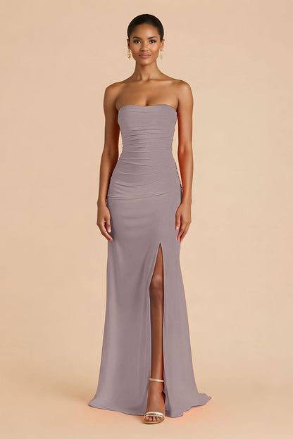 Orange Sheath Chiffon Ruched Strapless Long Bridesmaid Dress with Slit