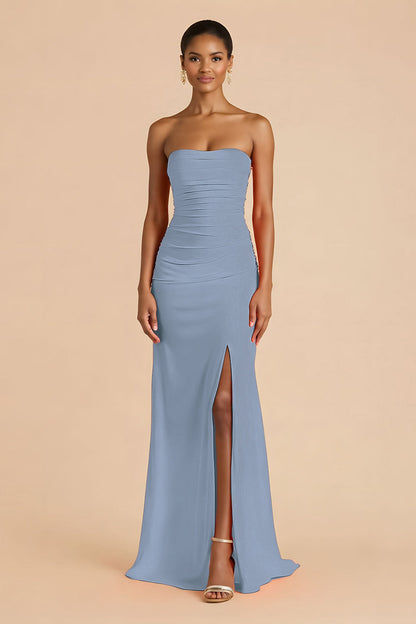 Orange Sheath Chiffon Ruched Strapless Long Bridesmaid Dress with Slit