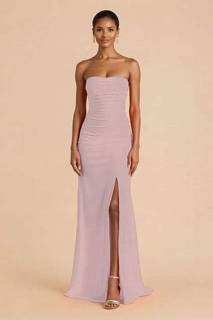 Orange Sheath Chiffon Ruched Strapless Long Bridesmaid Dress with Slit