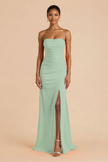 Orange Sheath Chiffon Ruched Strapless Long Bridesmaid Dress with Slit