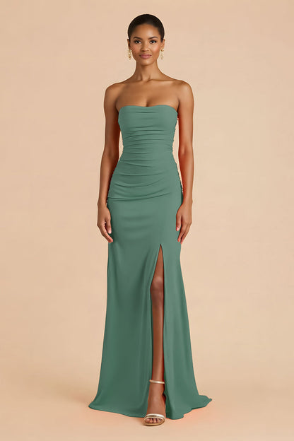 Orange Sheath Chiffon Ruched Strapless Long Bridesmaid Dress with Slit