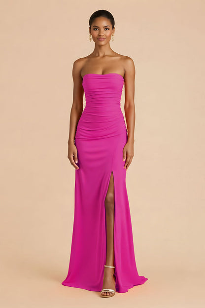 Orange Sheath Chiffon Ruched Strapless Long Bridesmaid Dress with Slit
