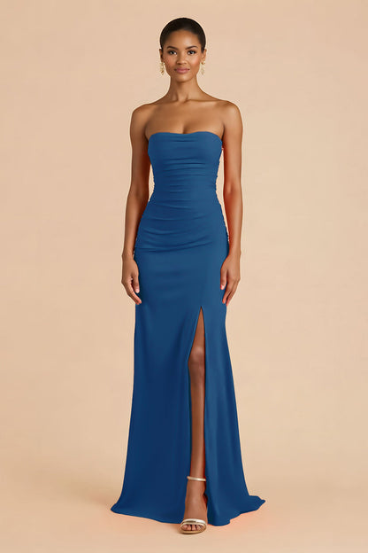 Orange Sheath Chiffon Ruched Strapless Long Bridesmaid Dress with Slit