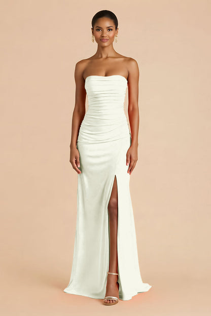Orange Sheath Chiffon Ruched Strapless Long Bridesmaid Dress with Slit