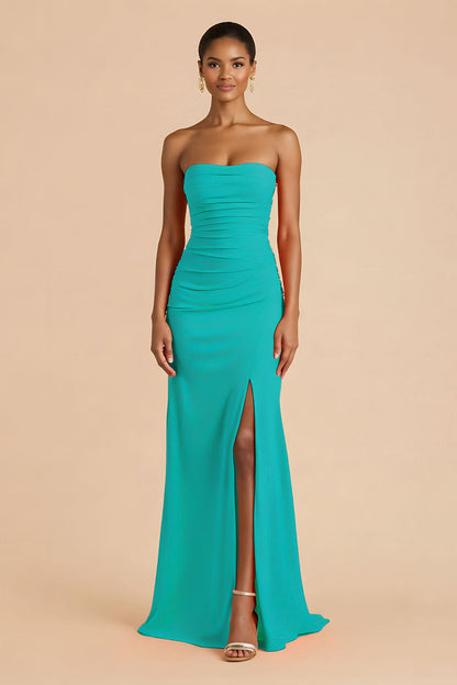 Orange Sheath Chiffon Ruched Strapless Long Bridesmaid Dress with Slit