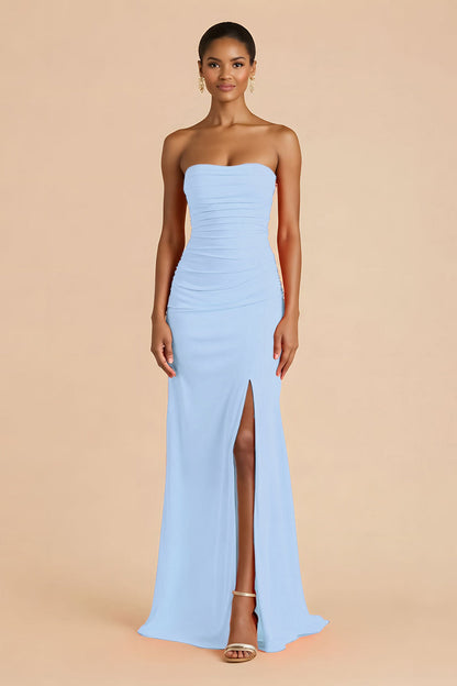 Orange Sheath Chiffon Ruched Strapless Long Bridesmaid Dress with Slit