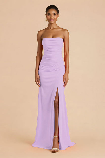 Orange Sheath Chiffon Ruched Strapless Long Bridesmaid Dress with Slit