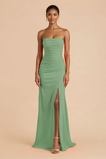 Orange Sheath Chiffon Ruched Strapless Long Bridesmaid Dress with Slit