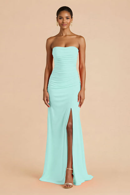 Orange Sheath Chiffon Ruched Strapless Long Bridesmaid Dress with Slit