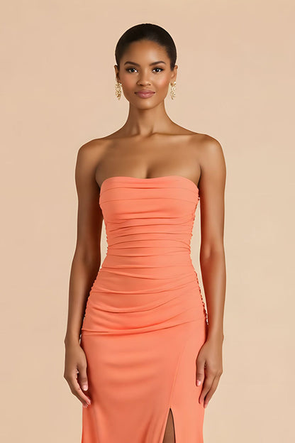 Orange Sheath Chiffon Ruched Strapless Long Bridesmaid Dress with Slit