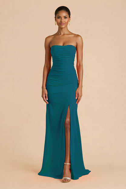 Orange Sheath Chiffon Ruched Strapless Long Bridesmaid Dress with Slit