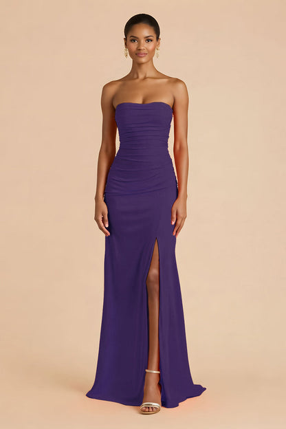 Orange Sheath Chiffon Ruched Strapless Long Bridesmaid Dress with Slit