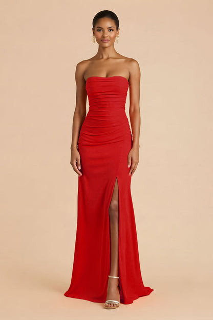 Orange Sheath Chiffon Ruched Strapless Long Bridesmaid Dress with Slit