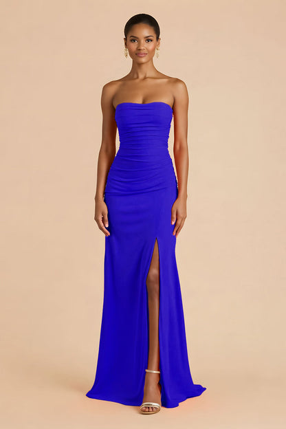 Orange Sheath Chiffon Ruched Strapless Long Bridesmaid Dress with Slit