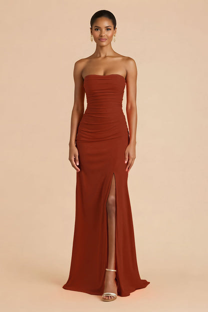 Orange Sheath Chiffon Ruched Strapless Long Bridesmaid Dress with Slit
