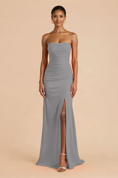 Orange Sheath Chiffon Ruched Strapless Long Bridesmaid Dress with Slit