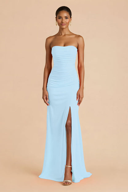 Orange Sheath Chiffon Ruched Strapless Long Bridesmaid Dress with Slit