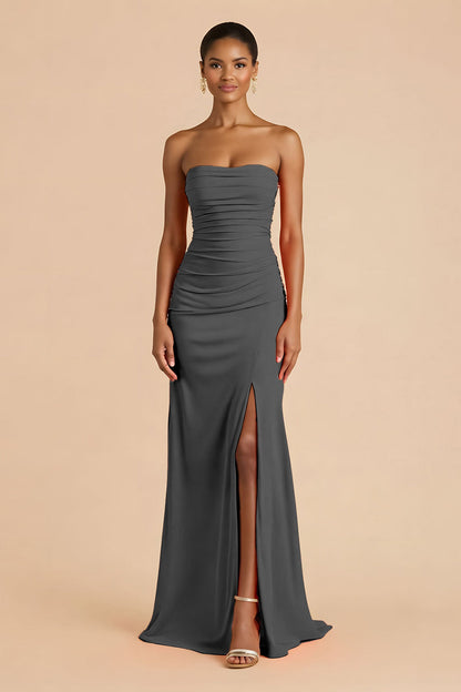 Orange Sheath Chiffon Ruched Strapless Long Bridesmaid Dress with Slit