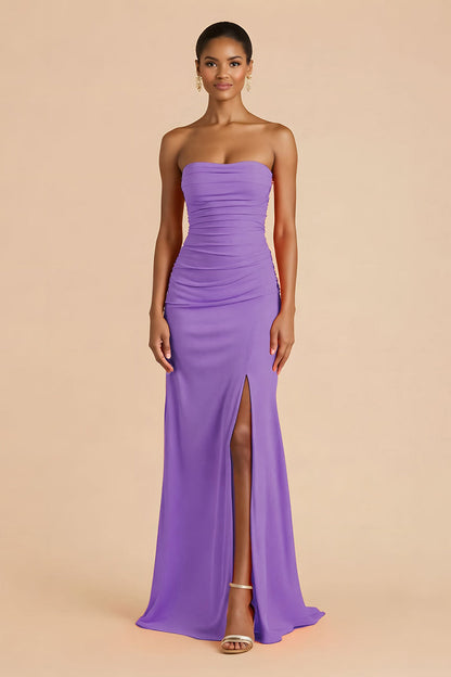 Orange Sheath Chiffon Ruched Strapless Long Bridesmaid Dress with Slit