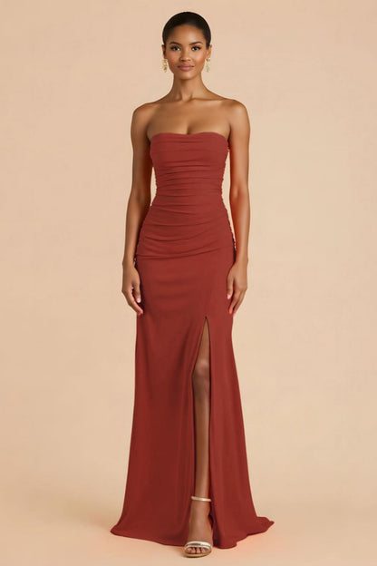 Orange Sheath Chiffon Ruched Strapless Long Bridesmaid Dress with Slit