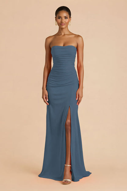 Orange Sheath Chiffon Ruched Strapless Long Bridesmaid Dress with Slit