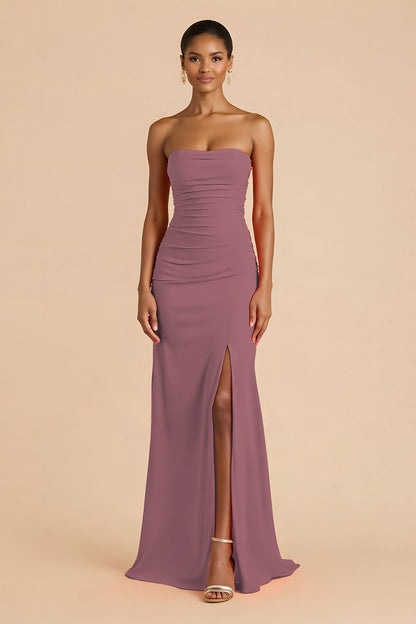 Orange Sheath Chiffon Ruched Strapless Long Bridesmaid Dress with Slit