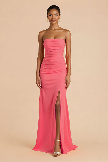 Orange Sheath Chiffon Ruched Strapless Long Bridesmaid Dress with Slit