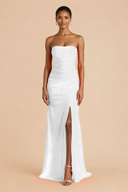 Orange Sheath Chiffon Ruched Strapless Long Bridesmaid Dress with Slit