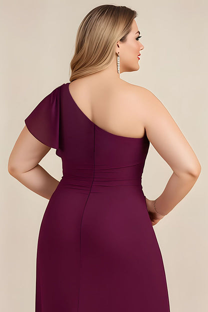 Burgundy One Shoulder Ruched Long Plus Size Mother of the Bride Dress