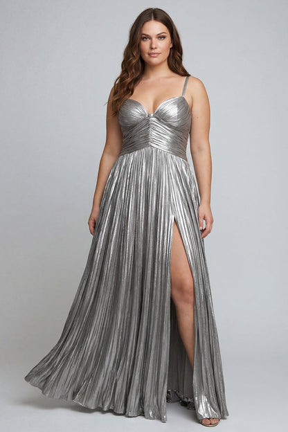 Plus Size Silver Metallic Spaghetti Straps Pleated Long Formal Dress with Slit