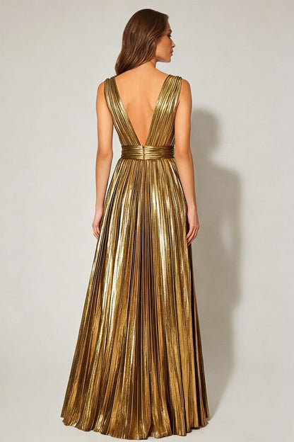 Sparkly Gold Plus Size Metallic A-Line V-Neck Pleated Long Formal Dress