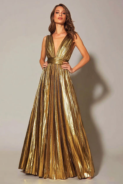 Sparkly Gold Plus Size Metallic A-Line V-Neck Pleated Long Formal Dress