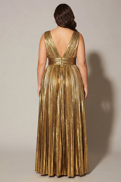 Sparkly Gold Plus Size Metallic A-Line V-Neck Pleated Long Formal Dress
