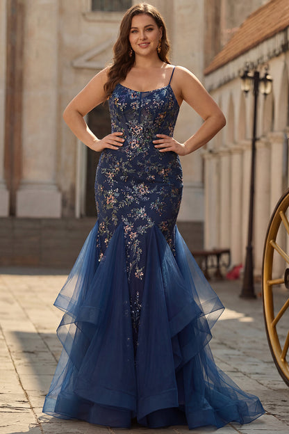 Sparkly Navy Pus Size Floral Ruffled Spaghetti Straps Mermaid Long Corset Prom Dress