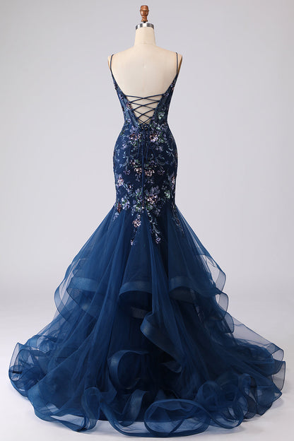 Sparkly Navy Pus Size Floral Ruffled Spaghetti Straps Mermaid Long Corset Prom Dress