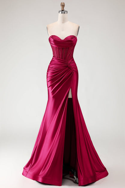 Sparkly Fuchsia Plus Size Mermaid Strapless Long Corset Prom Dress with Slit